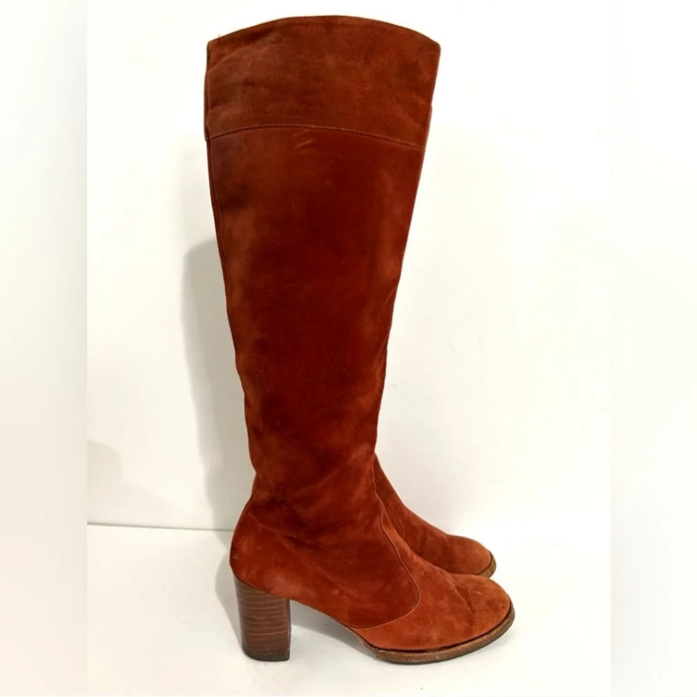 Beautiful 1970s Knee Boots, Genuine Suede Burnt Orange Stacked Heel Size 6 - Picture 15 of 16